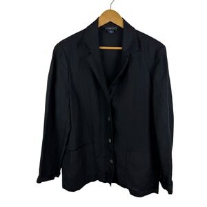 Lands End 100% Linen Blazer Sz 16 Black Jacket Minimalist Neutral Classic Office